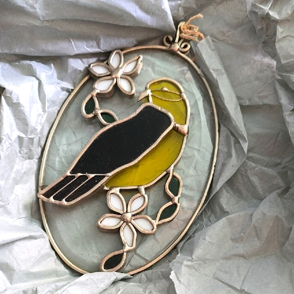 Stained Glass Art Sun Catcher Bird On Floral Branch Vintage Tiffany Glass 7"